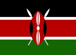[ai] The national flag of Kenya features horizontal stripes of black, red, and green, with a central red stripe bordered by white. A Maasai shield is displayed in the center, flanked by two white spears.